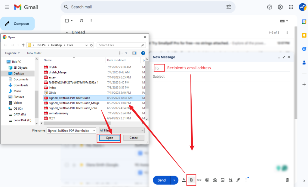 Click the Attach file option to add a PDF attachment in Gmail