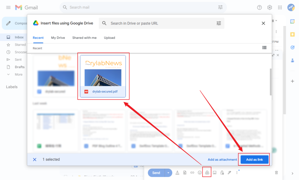 Click the Google Drive option to choose the target PDF and click the Add as link option in Gmail