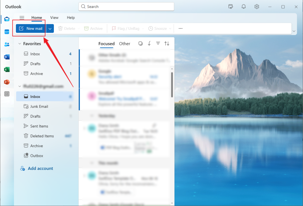 Click the New mail button in Outlook
