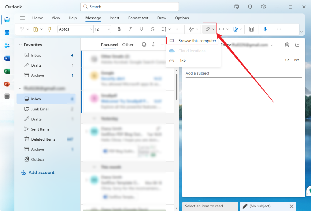 Click the paperclip icon and choose the Browse this computer option in Outlook