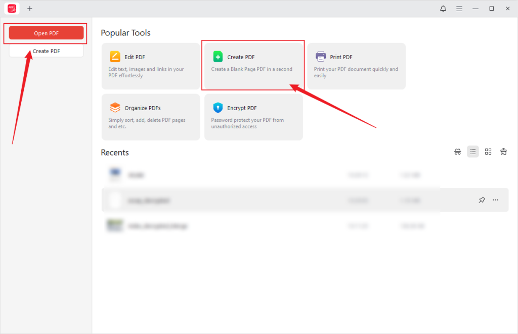 Click the Open PDF to upload a PDF file or click Create PDF to start a new PDF in JOPDF