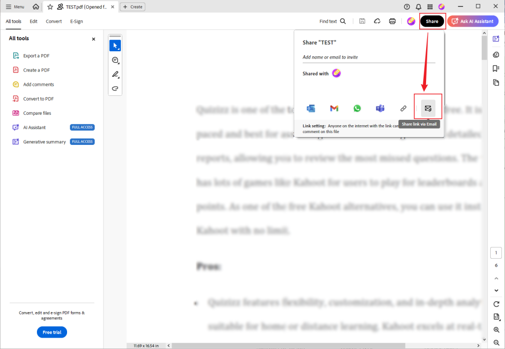 Click the Share button to choose the Share link via Email icon in Outlook