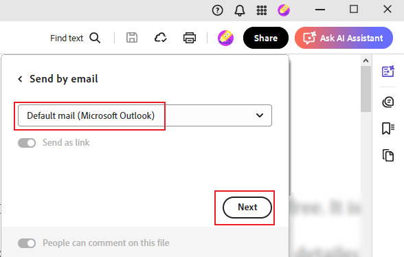 Keep the default option to send the email via your default email application and click Next in Adobe Acrobat Reader