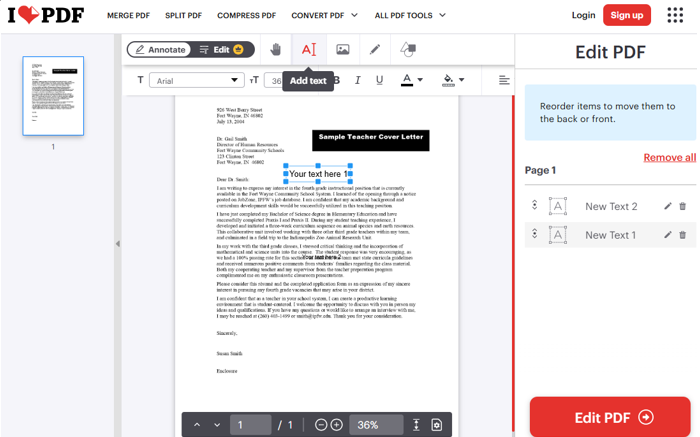 Type Text to a PDF with iLovePDF Online Service 2