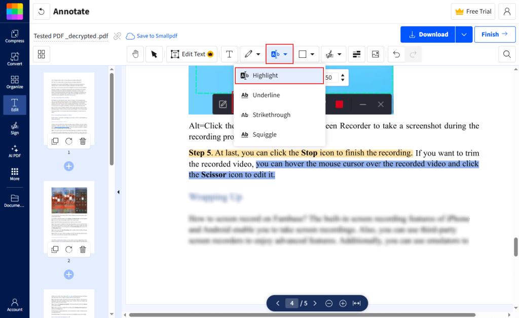 The annotate interface of Smallpdf