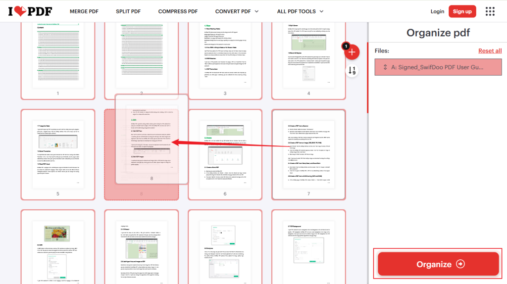 Rearrange PDF pages in iLovePDF and click Organize