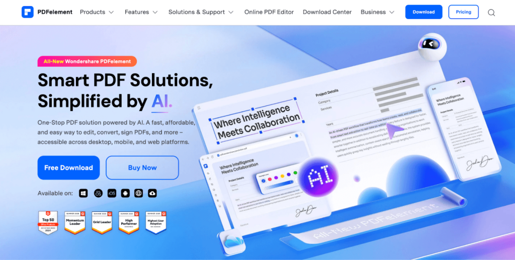 The website page of Wondershare PDFelement