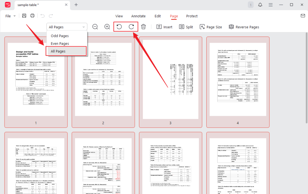 Click the rotate icon and select the page range in JOPDF