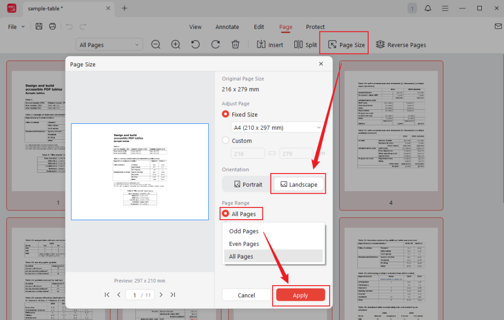 Click the Page Size option and select the Landscape option in JOPDF
