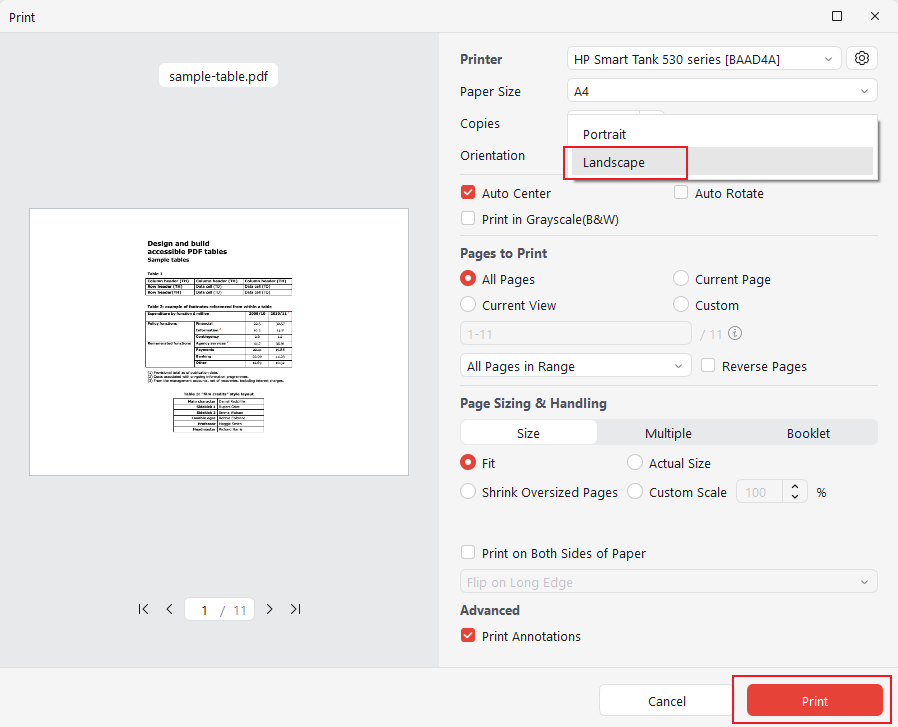 Select the Landscape option in the Print window of JOPDF
