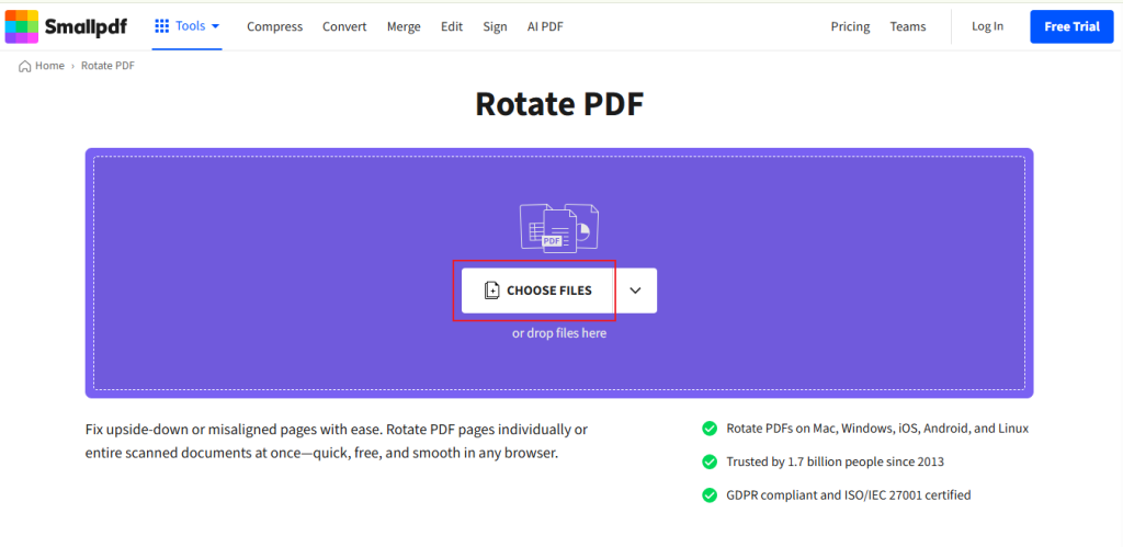 Click the CHOOSE FILES button in Smallpdf