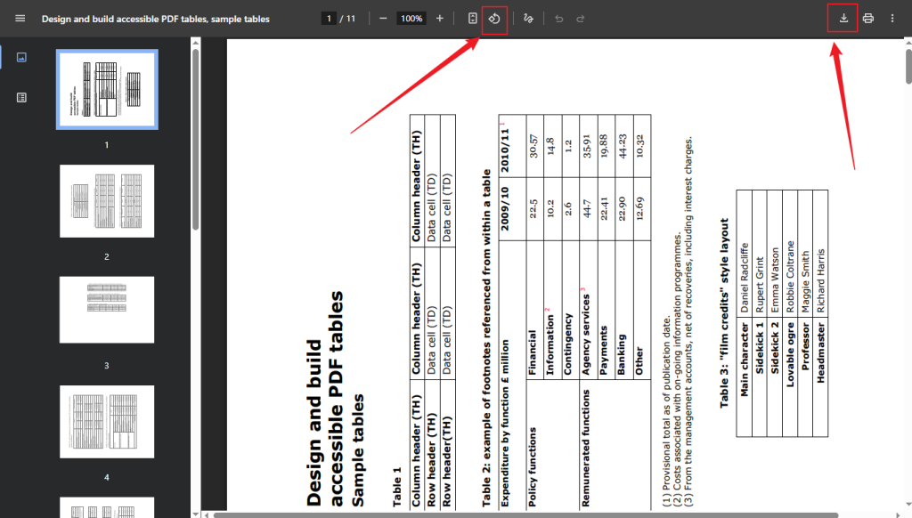 Rotate the PDF page to landscape and click the Download icon in Chrome