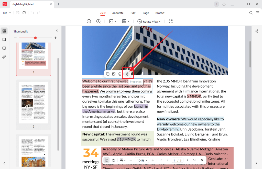 Click on the highlighted text and select the Properties icon in JOPDF