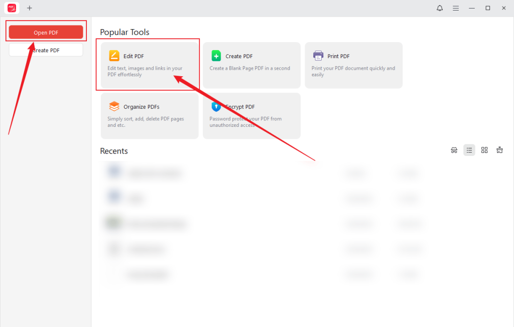 Click Open PDF or Edit PDF to upload the target PDF file into JOPDF