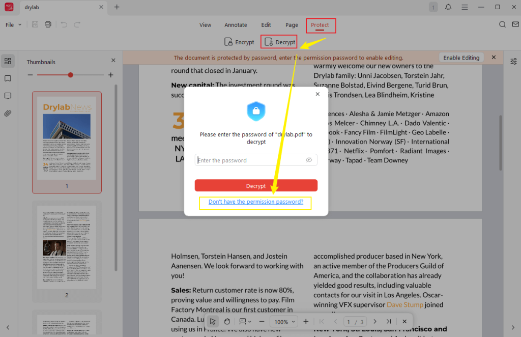 Go to Protect and click Decrypt to remove copy restrictions in JOPDF