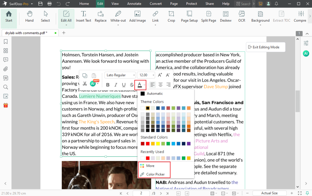Click the color list to choose a desired color in SwifDoo PDF