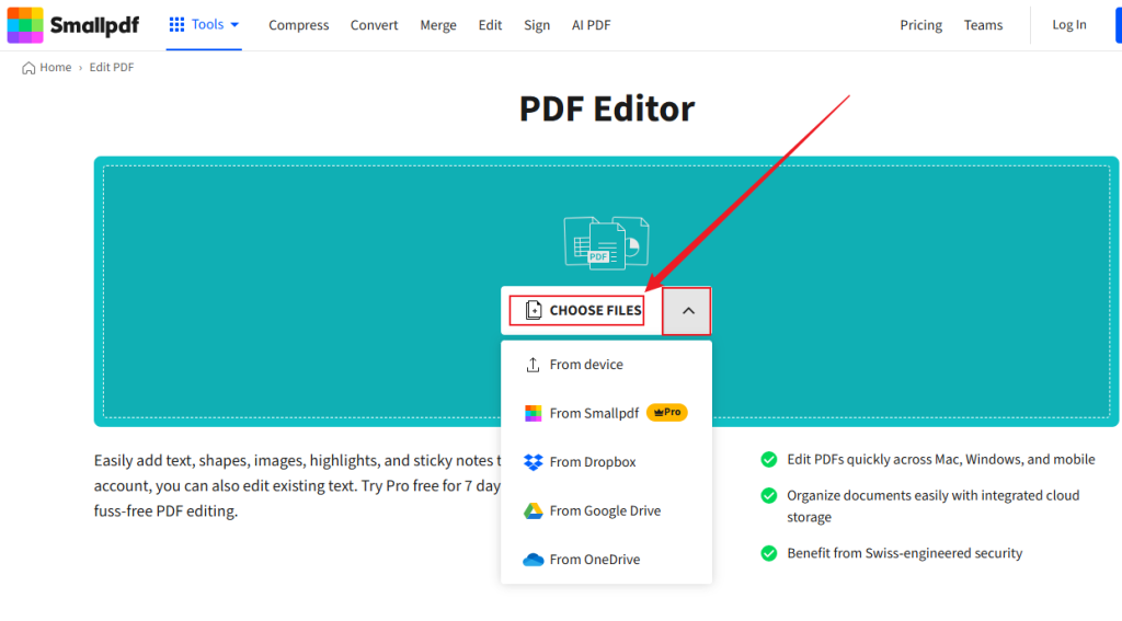 Click CHOOSE FILES to import your PDF into Smallpdf