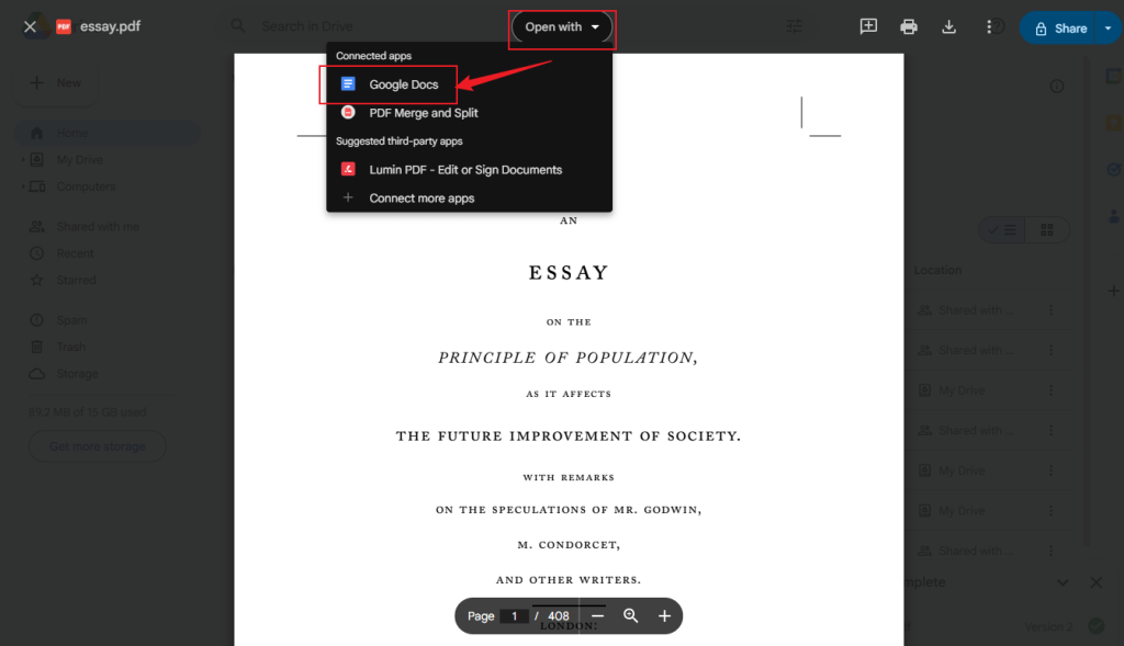 Expand the Open with dropdown and select the Google Docs option in Google Drive
