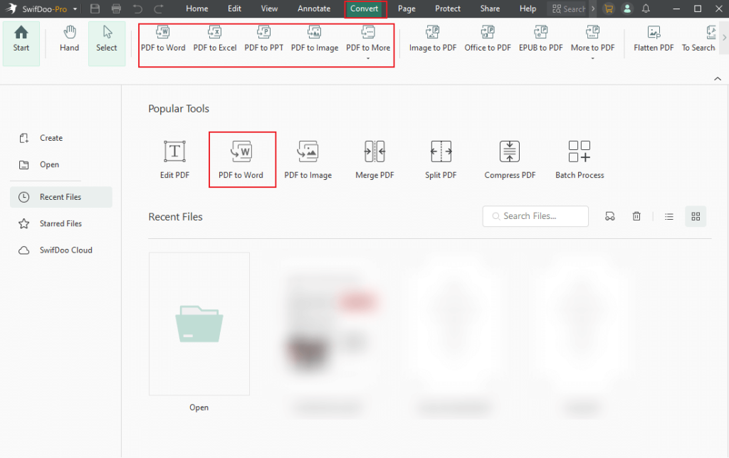 Go to the Convert tab and select a conversion option in SwifDoo PDF