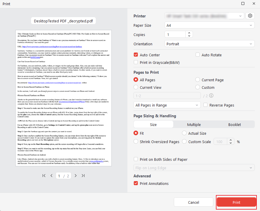 Click the Print icon and customize the print settings in JOPDF