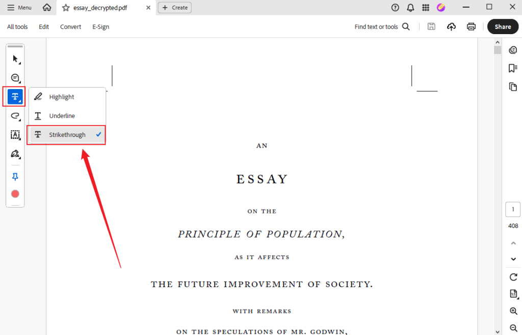 Click the third Pen icon and select the Strikethrough option in Adobe Acrobat Reader