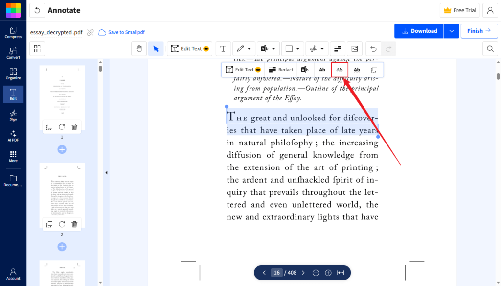 Click the Strikethrough icon on the text style panel of Smallpdf