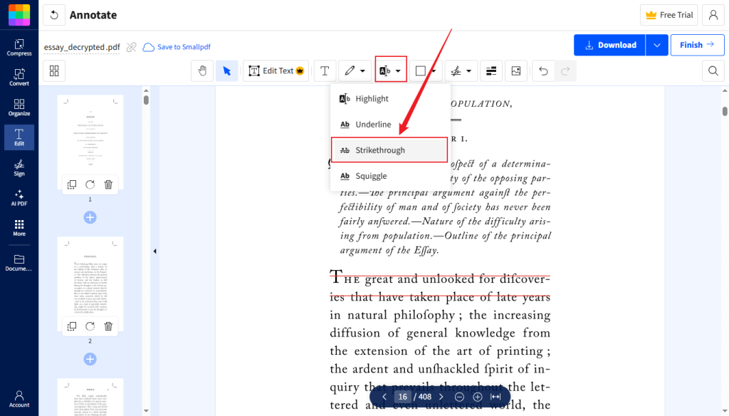 Click the icon next to the Shape icon and select the Strikethrough option in Smallpdf