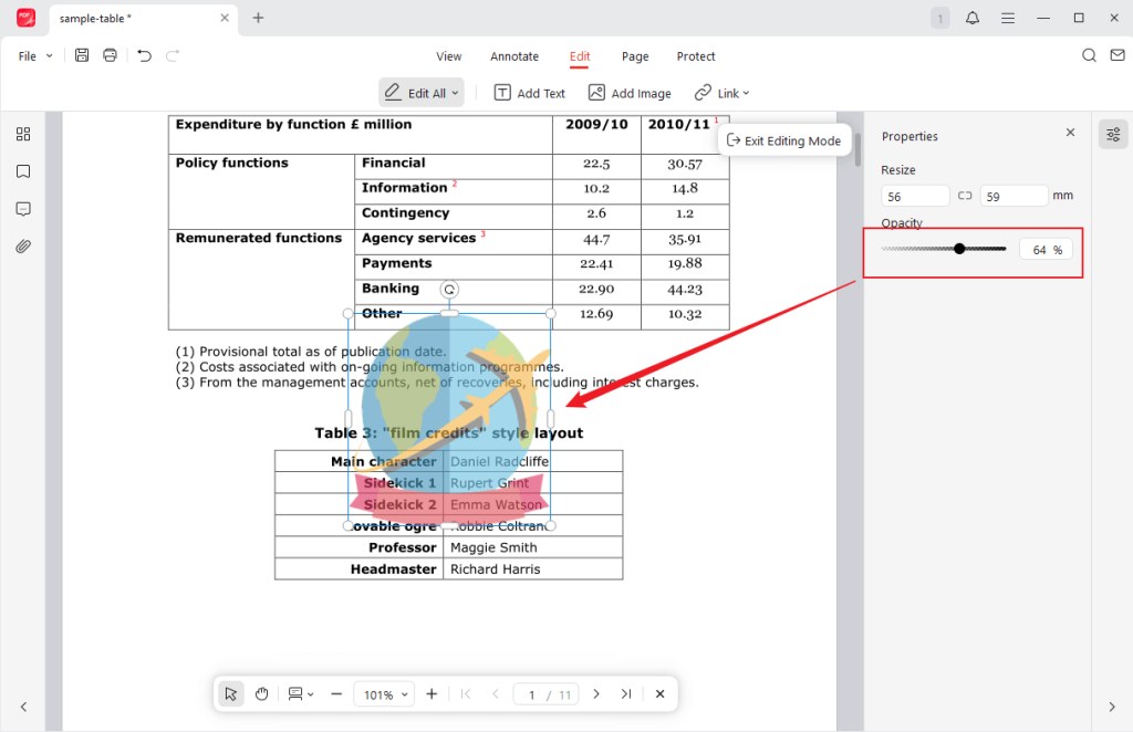 Drag the Opacity slider to transparentize the logo in JOPDF