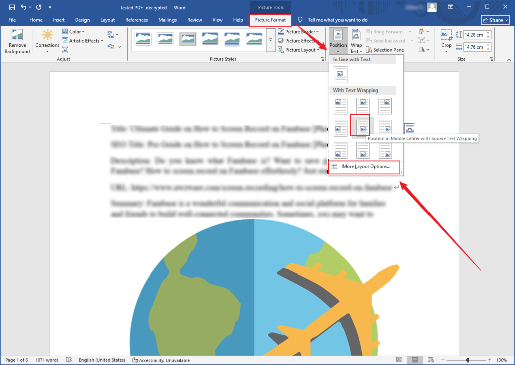 Click the Picture Format tab and click the Position option in Microsoft Word