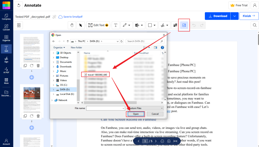 Click the image icon to upload the target logo image into Smallpdf