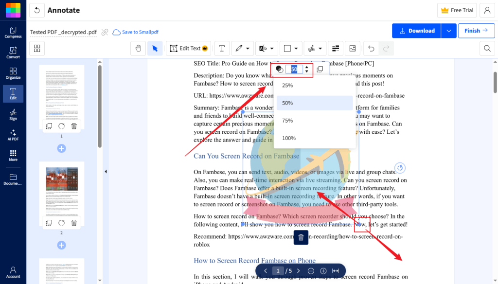 Open the Opacity option to adjust the opacity of the logo in Smallpdf