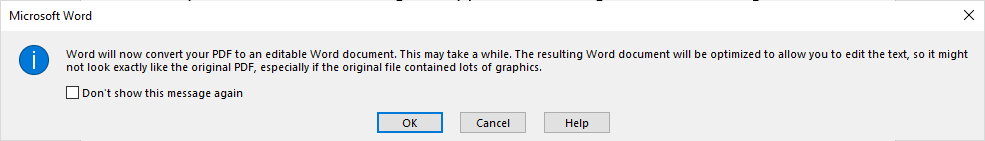 Open PDF in Word Pop Up