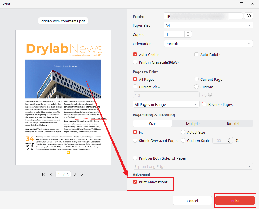 Tick the Print Annotations option in the Print window of JOPDF