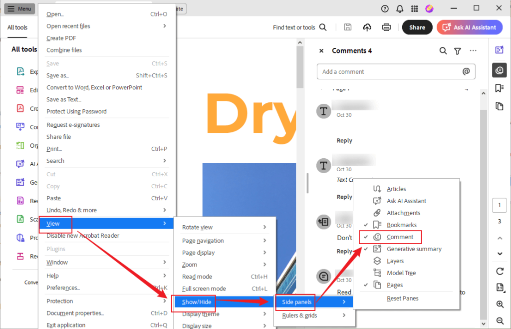 Go to View to enable the comments to show up in Adobe Acrobat Reader