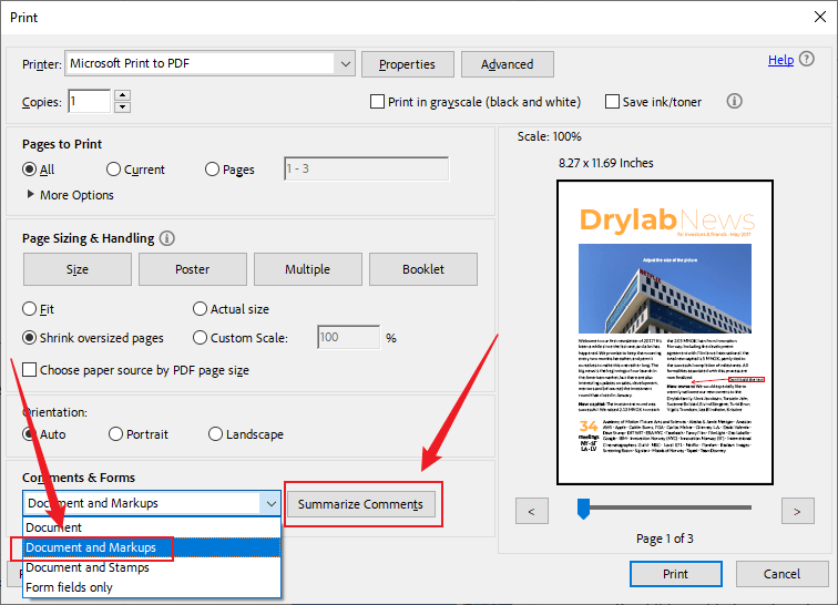 Select the Document and Markups option for Comments & Markups in Adobe Acrobat