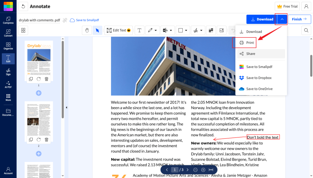 Click the Print option from the Download list in Smallpdf