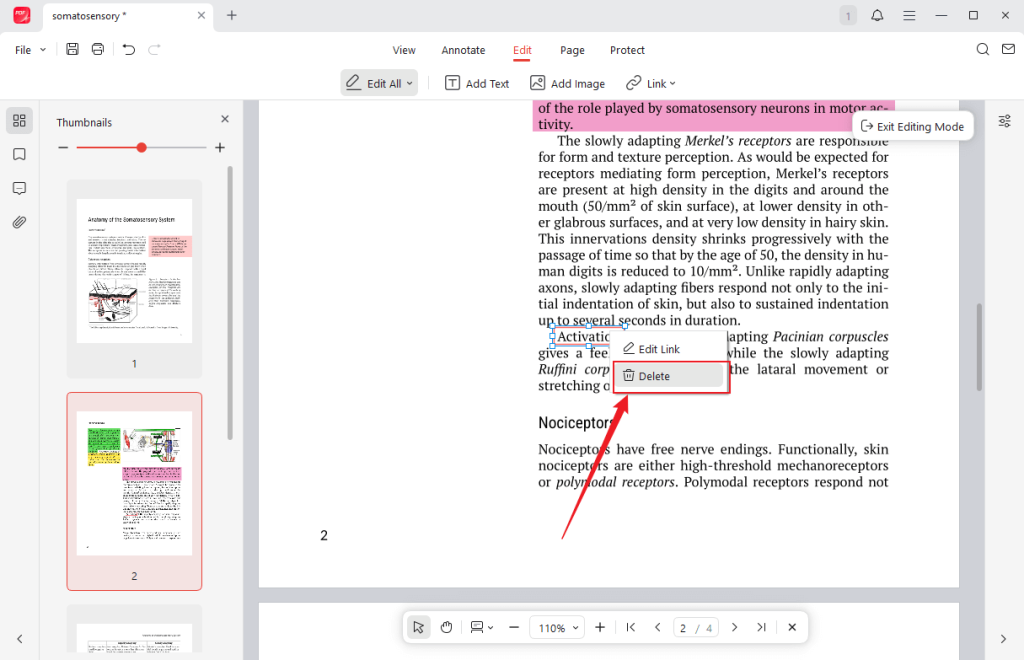 Right-click on the target link and select the Delete option in JOPDF
