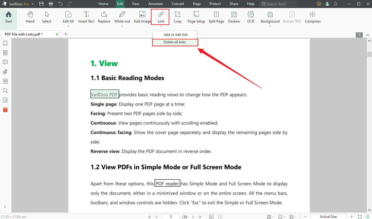 Open the Link list and choose the Delete all links option in SwifDoo PDF
