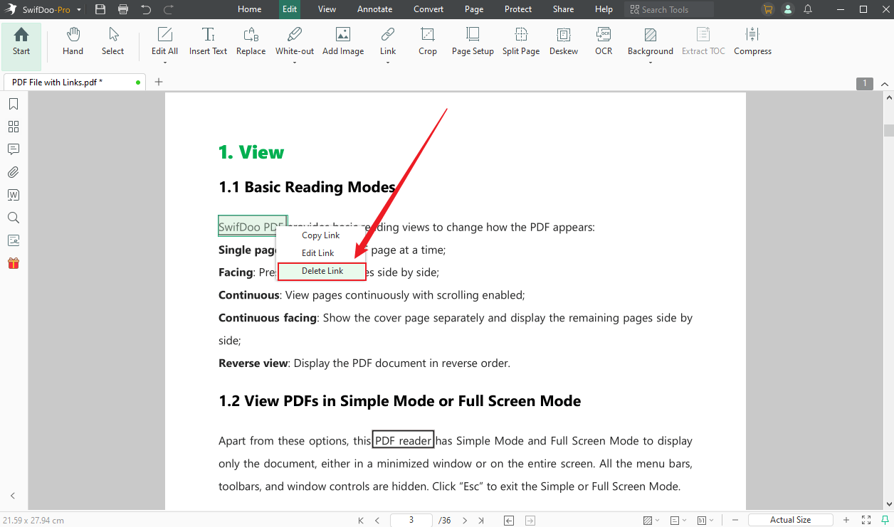 Right-click the target link and click the Delete Link option in SwifDoo PDF