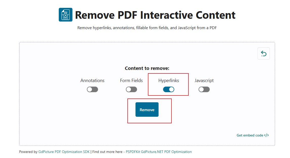 Only enable the Hyperlinks option and click the Remove button in AvePDF