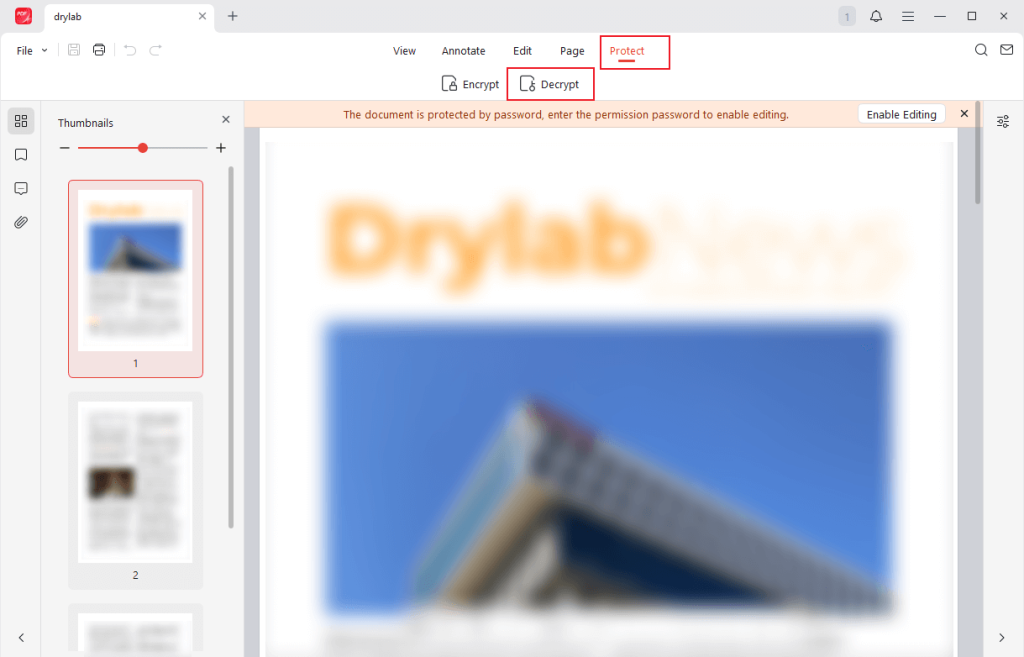Go to the Protect tab and select the Decrypt option in JOPDF