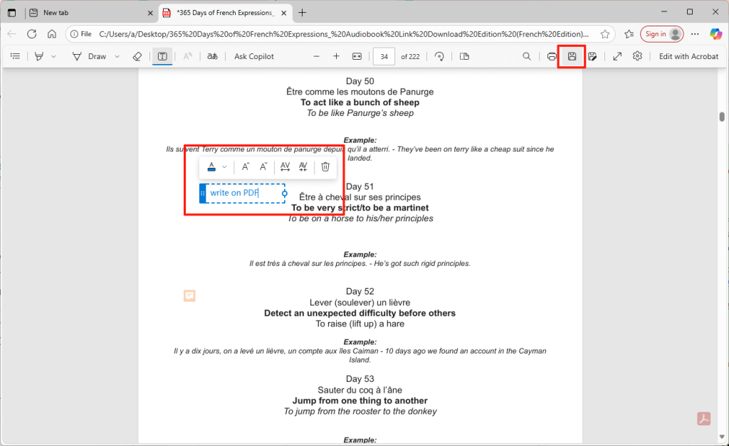 Write on PDF in Edge
