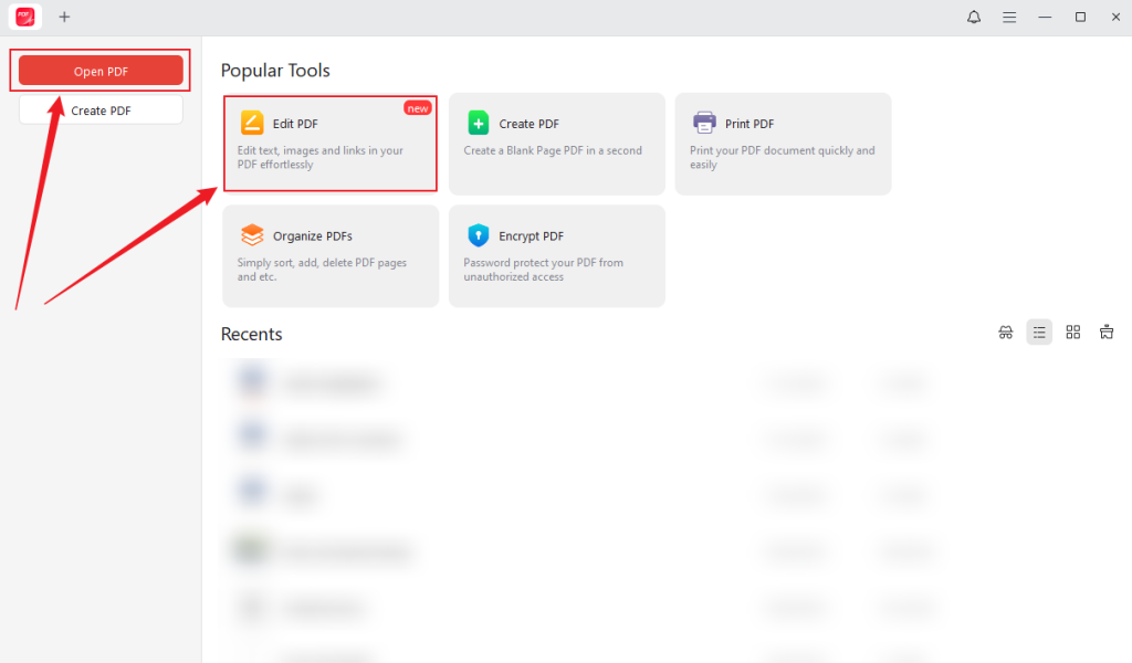 Click Open PDF or Edit PDF to upload your PDF into JOPDF
