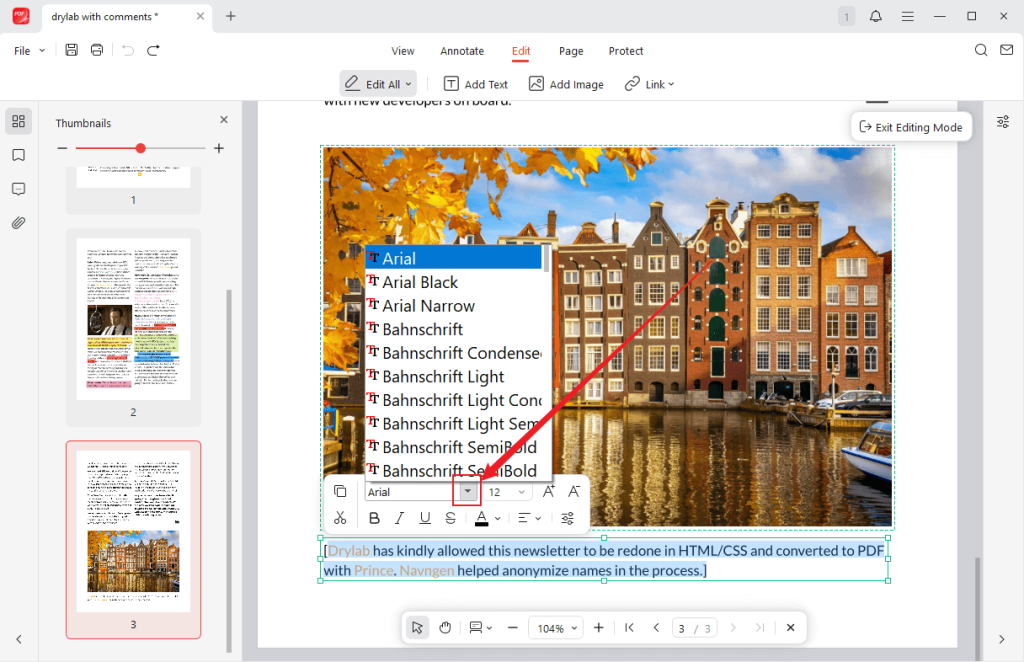 Select the target text and open the Font list to choose a desired one in JOPDF