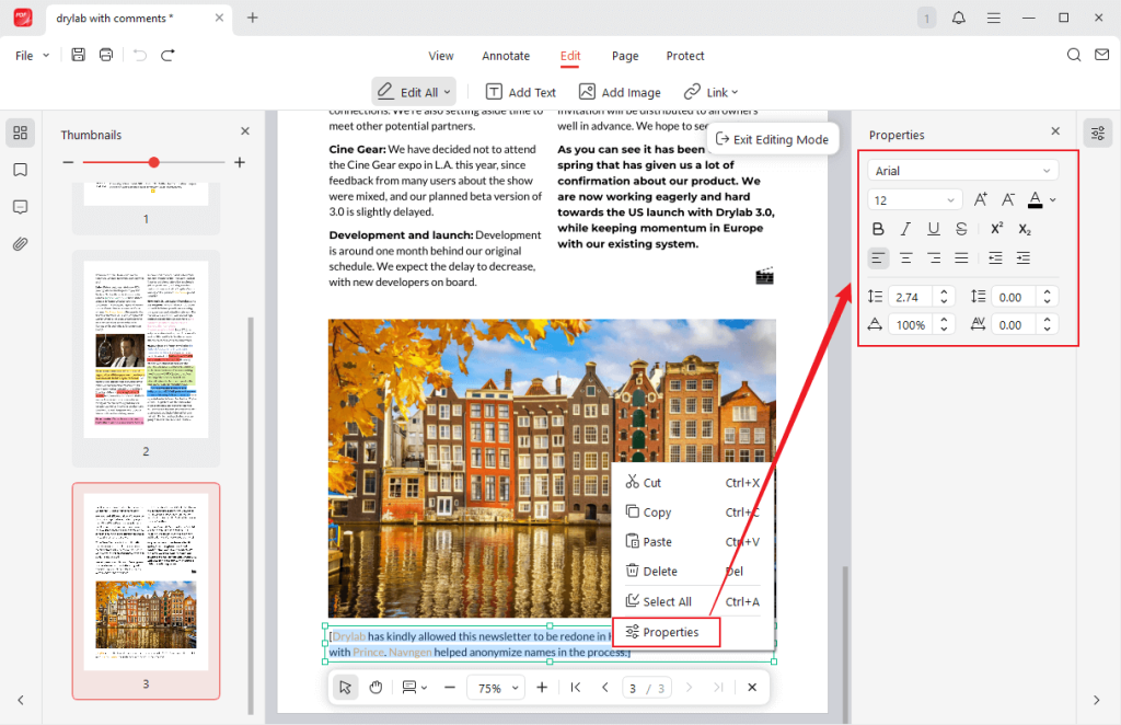 Right-click on the selected text and choose the Properties option in JOPDF