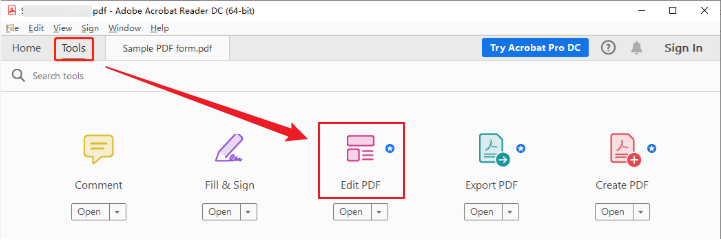 Click the Edit PDF option under the Tools tab in Adobe Acrobat Pro