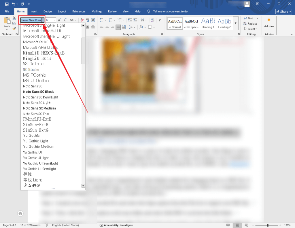 Click to open the Font list under the Home tab in Microsoft Word