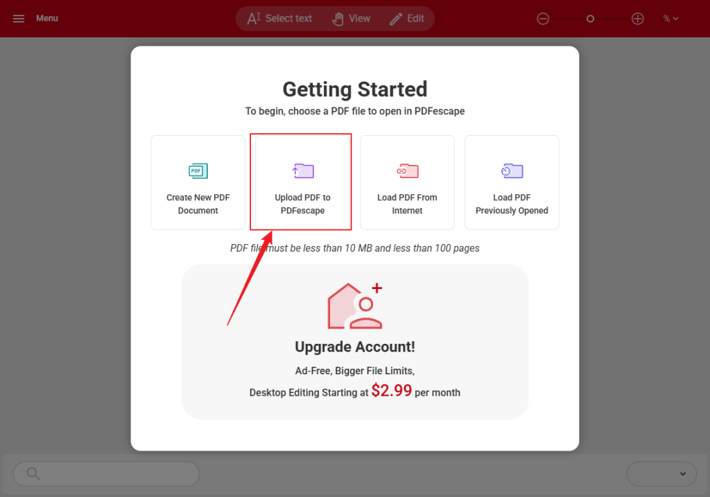 Click the Upload PDF to PDFescape option in PDFescape