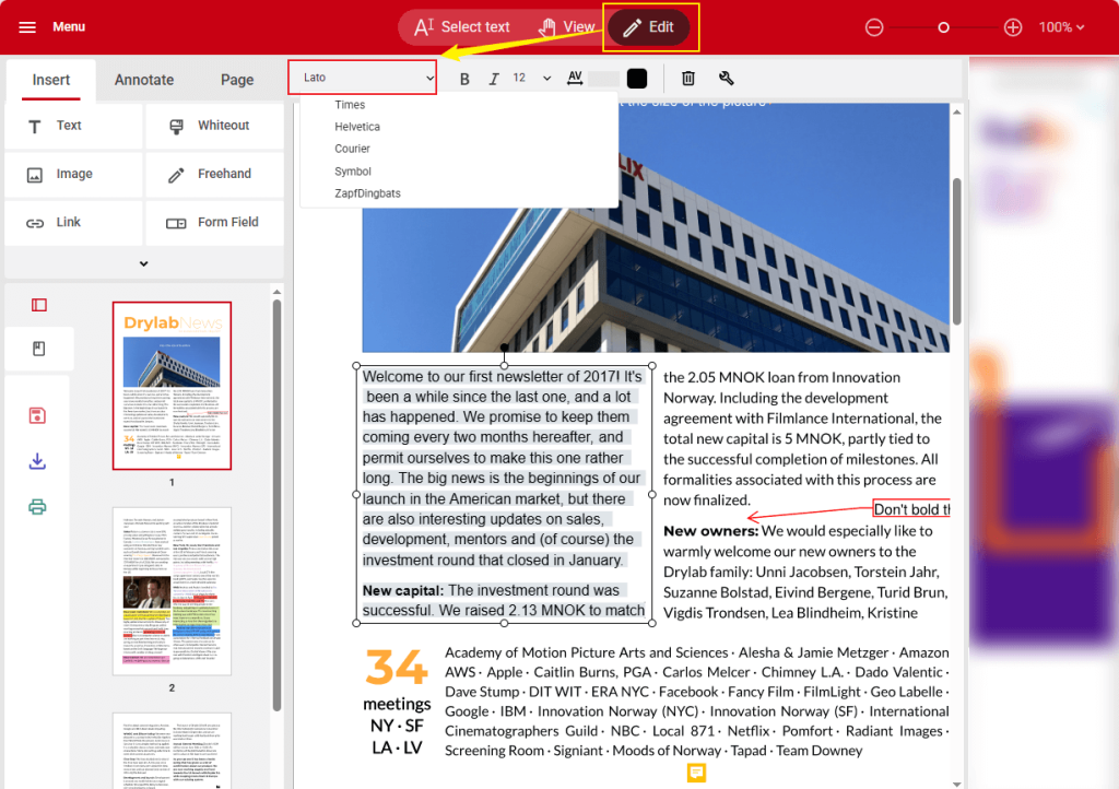 Go to the Edit tab to change the font in PDFescape