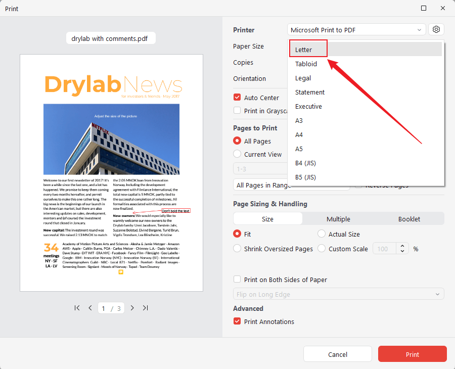 Open the Paper Size list and select the Letter option in JOPDF